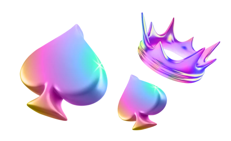 Hochglänzende, farbenfrohe 3D-Symbole von Pik-Karten und einer Krone vor einem hellen Hintergrund für Golden Star