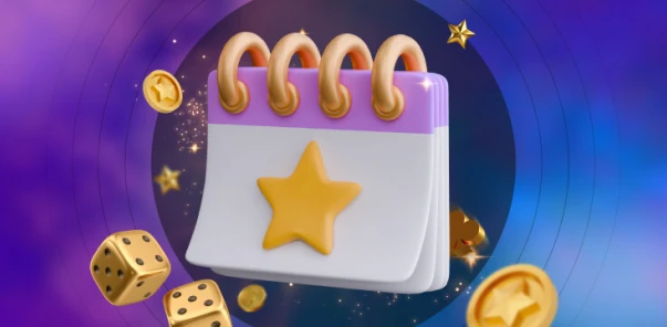 Ein 3D-Kalender mit einem goldenen Stern, umgeben von Goldmünzen und Würfeln, der die täglichen Aktionen von Golden Star repräsentiert